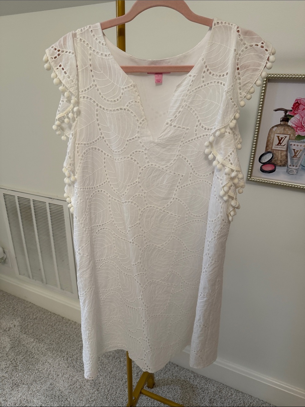 Lilly Pulitzer White Pom-Trim Eyelet Shift Dress